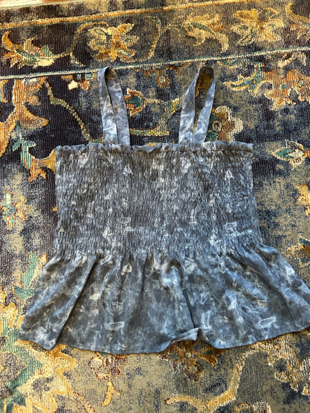 Michael Kors Gray Smocked Tie-Dye Ruffle Tank